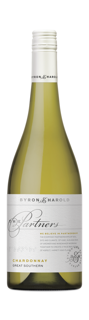 A Chardonnay bottle from Great Southern with a white cap and white label with beautiful cursive writing of The Partners in black for Byron & Harold wines.