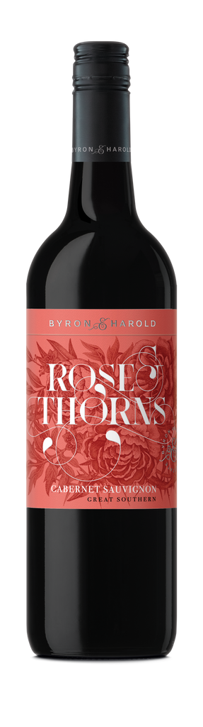A Cabernet Sauvignon wine bottle from Great Southern with a black cap and a red label with an intricate design of Rose and Thorns in black for Byron & Harold wines