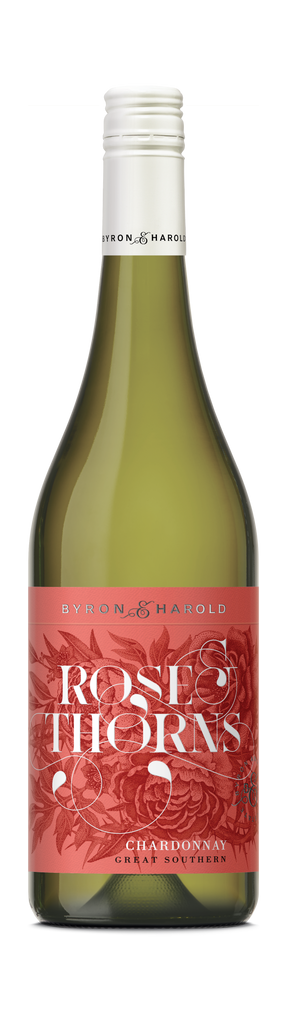 A Chardonnay wine bottle from Great Southern with a white cap and a white label with an intricate design of Rose and Thorns in black for Byron & Harold wines.