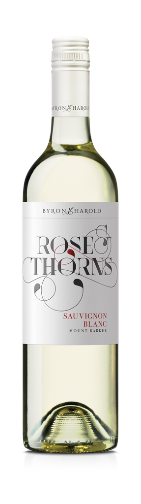 A Sauvignon Blanc wine bottle from Great Southern with a white cap and a white label with an intricate design of Rose and Thorns in black for Byron & Harold wines.