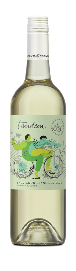 A Sauvignon Blanc Semillon bottle from Western Australia with a white cap and a pale green label with two women riding a bike in Tandem for Byron & Harold wines.